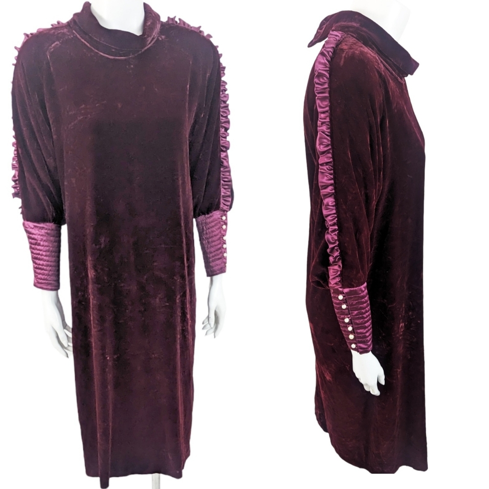 Vintage Velvet Long Sleeve Dress Womens Large Burgundy Edwardian Witchy 70s 80s